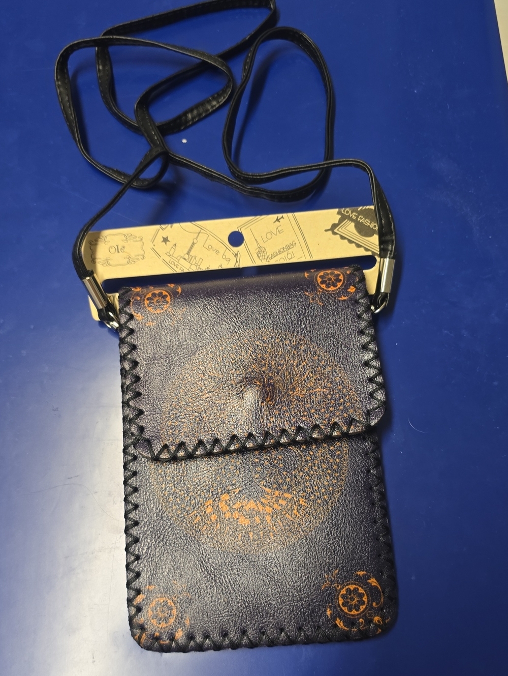 Black Leatherette Mini Crossbody Bag with Orange Accents